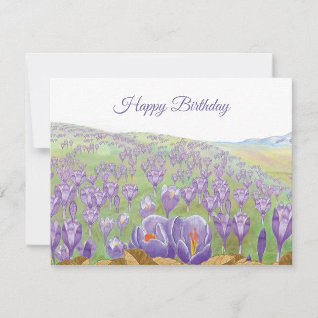 Lila Crocus-Blume auf der Frühjahrshügel-Illustrat Karte (Vorderseite)