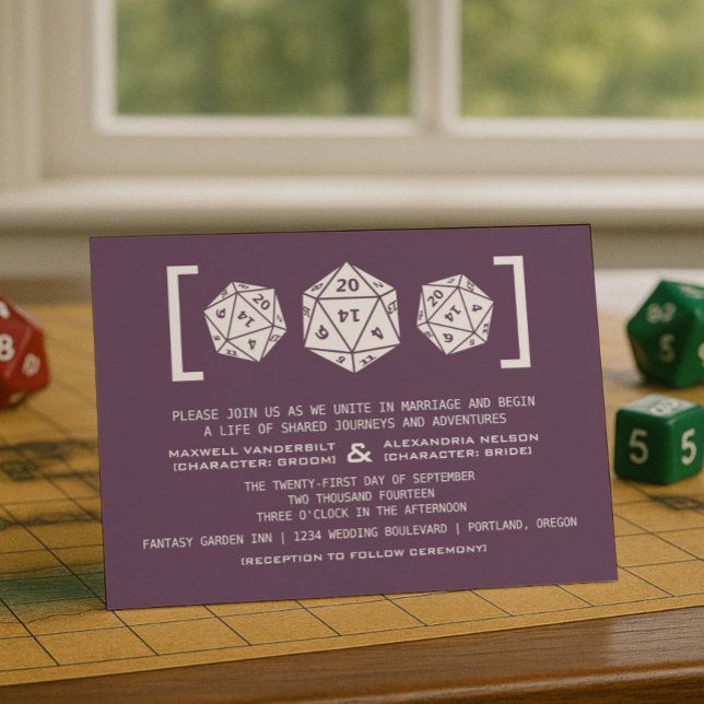 Lila D20-Würfel-Einladung Einladung (Purple D20 Dice Gamer Wedding Invitation)