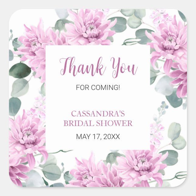 Lila Dahlia Eukalyptus Botanisches Brautparty Quadratischer Aufkleber (Vorderseite)