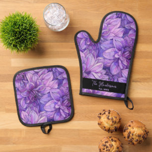 Lila Dahlia Floral Ofenhandschuh & Topflappen-Set