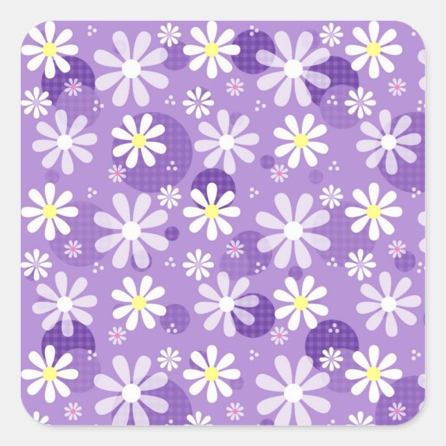 Lila Daisies und Gingham Polka Dots Quadratischer Aufkleber (Vorderseite)