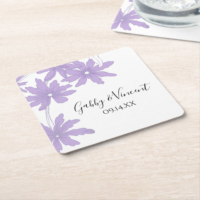 Lila Daisies Wedding Square Paper Untersetzer (angewinkelt)