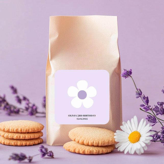 Lila Daisy Birthday | Elegantes florales Party Quadratischer Aufkleber (Von Creator hochgeladen)