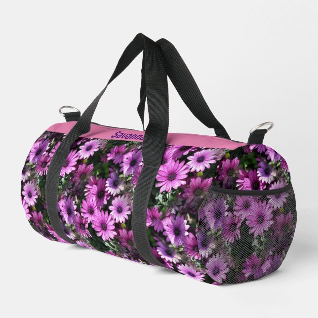 Lila Daisy Blume Muster Personalisiert Duffle Bag (Rechte Ecke)