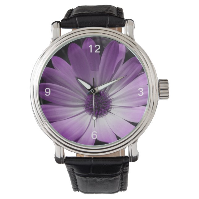 Lila Daisy-Blume Vintage Uhr mit Zahlen (Vorderseite)