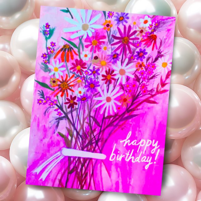 Lila Daisy Bouquet Happy Birthday Postkarte (Colorful pink purple watercolor hand painted daisy wildflower bouquet custom birthday postcard)