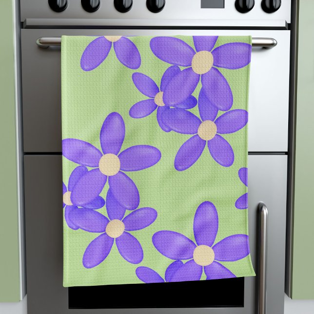 Lila Daisy Green Retro Blume Küchentücher (Groovy purple and green floral kitchen towel for your groovy kitchen)