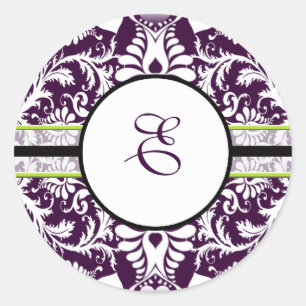 Lila Damask Anfangsbuchstabe E Hochzeit Runder Aufkleber