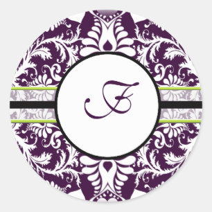 Lila Damask Anfangssticker Letter F Wedding Runder Aufkleber