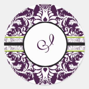 Lila Damask Anfangssticker Letter I Hochzeit Runder Aufkleber