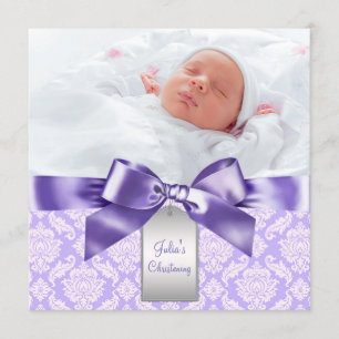 Lila Damask Baby Girl Foto Taufe Christening Einladung