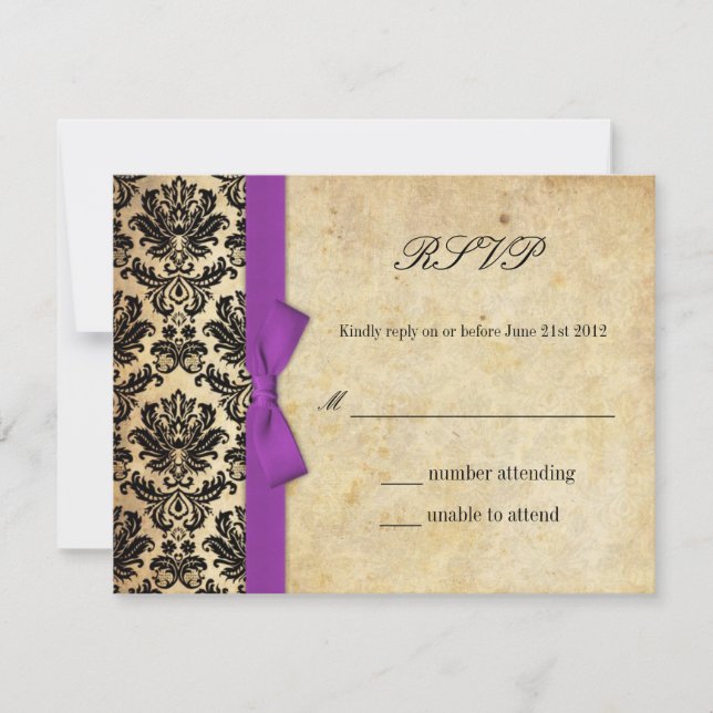 Lila Damask Bow Wedding RSVP Karte (Vorderseite)