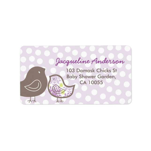 Lila Damask Chicks Kinderdusche Adressetiketten (Vorne)