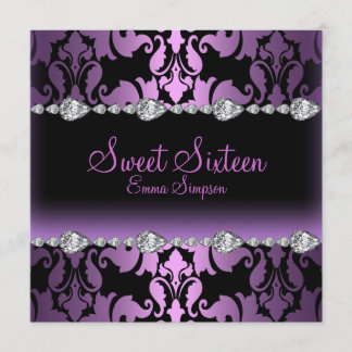 Lila Damask & Diamond 16 . Geburtstag Einladung