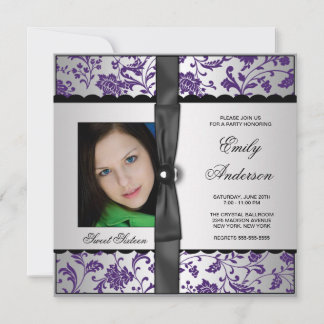 Lila Damask Foto Sweet 16 Party Einladung
