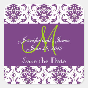 Lila Damask Green Monogram Save the Date Aufkleber