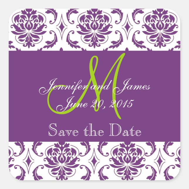 Lila Damask Green Monogram Save the Date Aufkleber (Vorderseite)