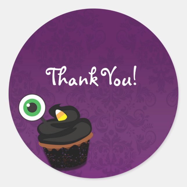 Lila Damask Halloween Cupcake Party Sticker (Vorderseite)