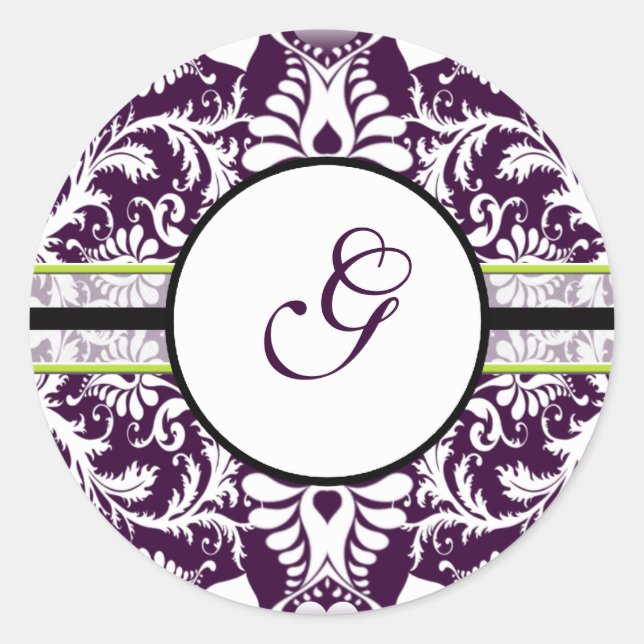 Lila Damask Initialsticker Letter G Wedding Runder Aufkleber (Vorderseite)