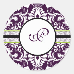 Lila Damask Initialsticker Letter P Wedding Runder Aufkleber