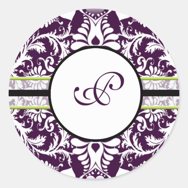 Lila Damask Initialsticker Letter P Wedding Runder Aufkleber (Vorderseite)