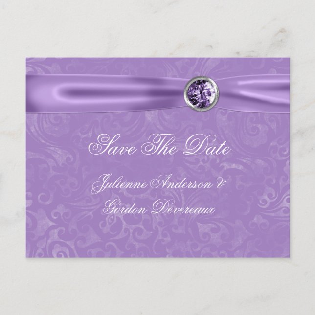 Lila Damask Lila Ribbon-Juwelen Save the Date Ankündigungspostkarte (Vorderseite)
