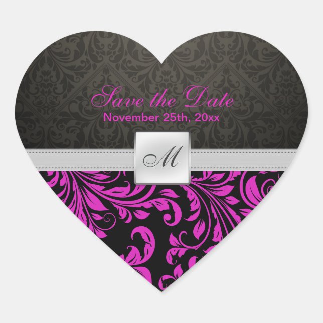 Lila Damask Monogram Save the Date Aufkleber (Vorderseite)