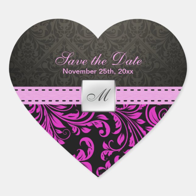Lila Damask Monogram Save the Date Aufkleber (Vorderseite)
