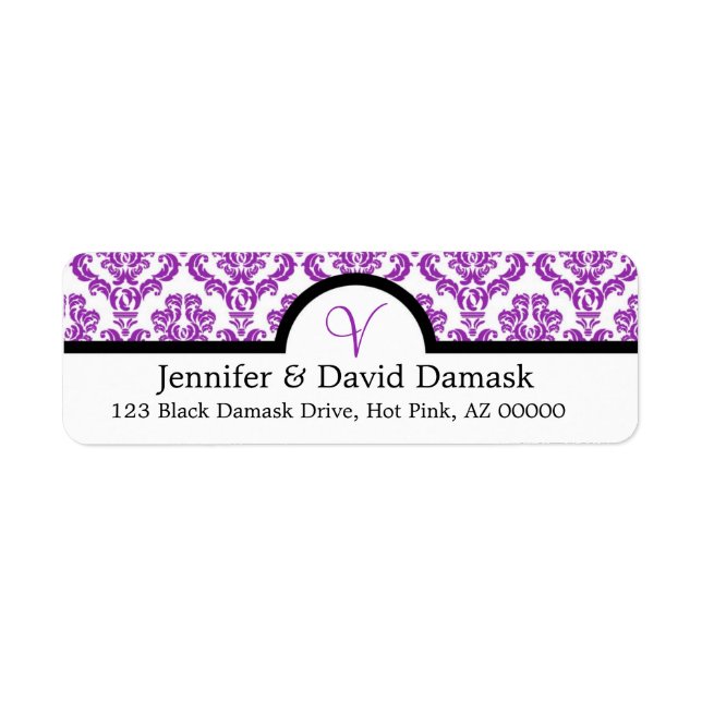 Lila Damask Monogram V Wedding Mailing Labels (Vorne)