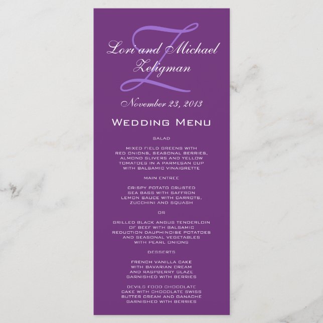 Lila Damask Monogram Wedding Menu Cards Menükarte (Vorderseite)