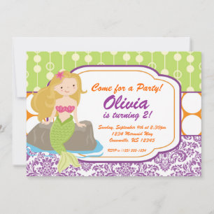 Lila Damask, Orange Polka Dot, Mermaid Geburtstag Einladung