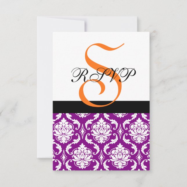 Lila Damask-RSVP-Karte | Orange Monogram RSVP Karte (Vorderseite)