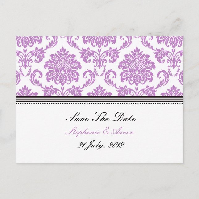 Lila Damask Save the Date Postkarte (Vorderseite)