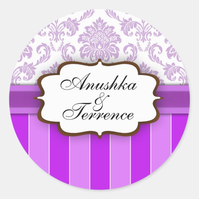 Lila Damask Stripe Wedding Sticker (Vorderseite)