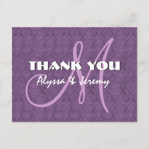 Lila Damask Wedding Danke Monogram N802 Postkarte
