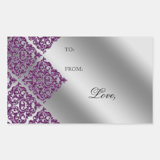 Lila Damask Wedding-Geschenk Tag Sticker Sparkle (Vorderseite)
