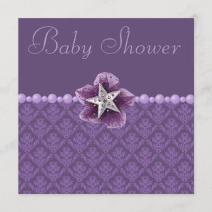 Lila Damast-, Blumen-, Stern-u. Perlen-Baby-Dusche Einladung