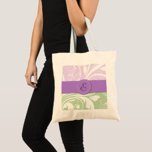 Lila Damast, grüner Damast, Monogramm Tragetasche