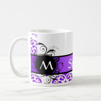 Lila Damast und Monogramm Kaffeetasse