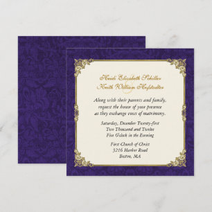 Lila Damast & Vintage Gold Hochzeitseinladung Einladung