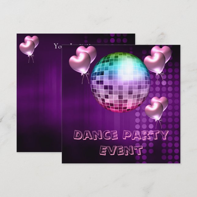 Lila Dance Party Event Mirrorball Liebe Balloons Einladung (Vorne/Hinten)
