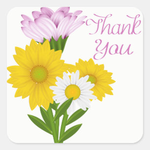 Lila Danke Gelbe Sonnenblume Gänseblümchen Blumen Quadratischer Aufkleber