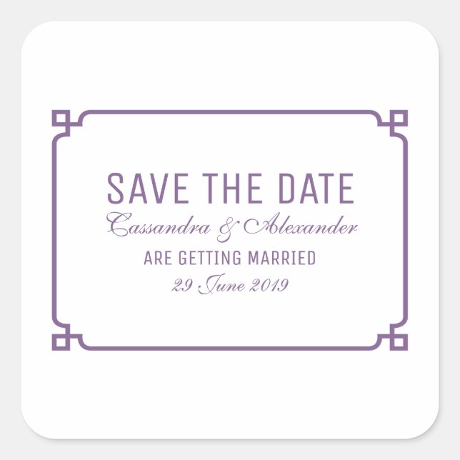Lila Deko Chic Save the Date Quadratischer Aufkleber (Vorderseite)