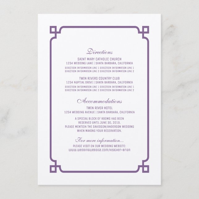 Lila Deko Chic Wedding Info Card Begleitkarte (Vorderseite)