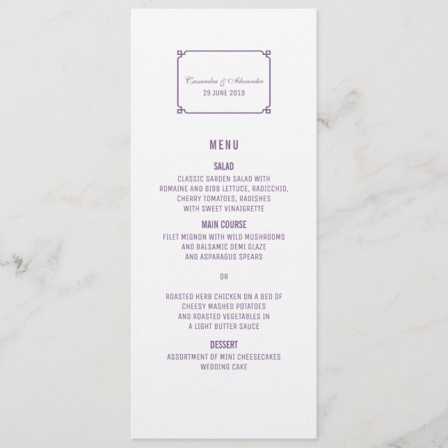 Lila Deko Chic Wedding Menu Menükarte (Vorderseite)
