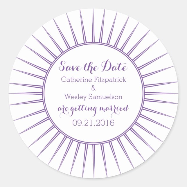 Lila Deko Retro Save the Date Stickers (Vorderseite)