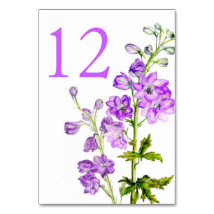 Lila Delphinium Art Hochzeit Tischnummern