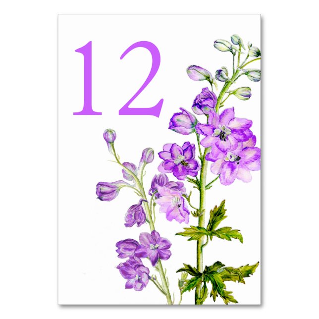 Lila Delphinium Art Hochzeit Tischnummern (Vorderseite)