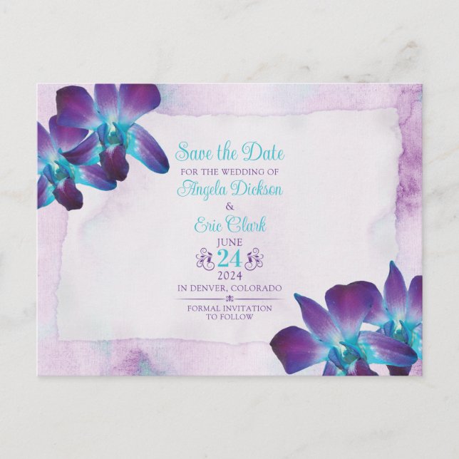Lila Dendrobium Orchid Wedding Save the Date Postkarte (Vorderseite)