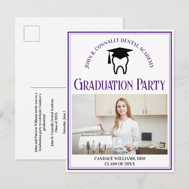 Lila Dental School Foto Custom Graduation Party Einladungspostkarte (Vorne/Hinten)